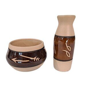 Vintage Saguaro Stoneware Studio Art Pottery Vase And Bowl Native American AZ